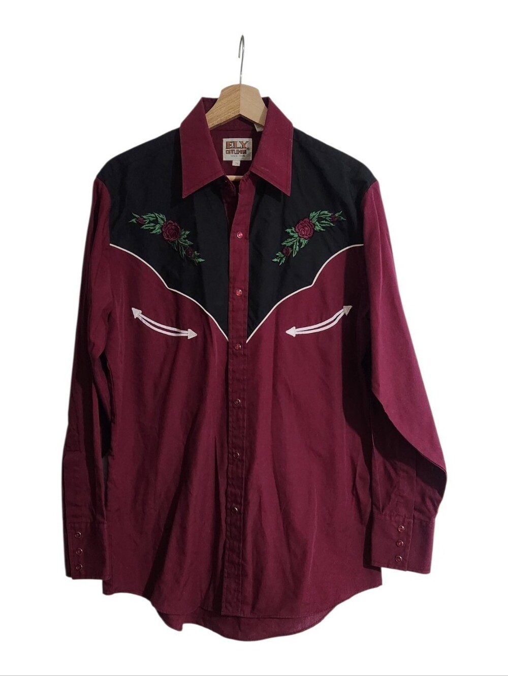 ELY Cattleman Men’s Burgundy and Black Western Shirt with Rose Embroidery Medium